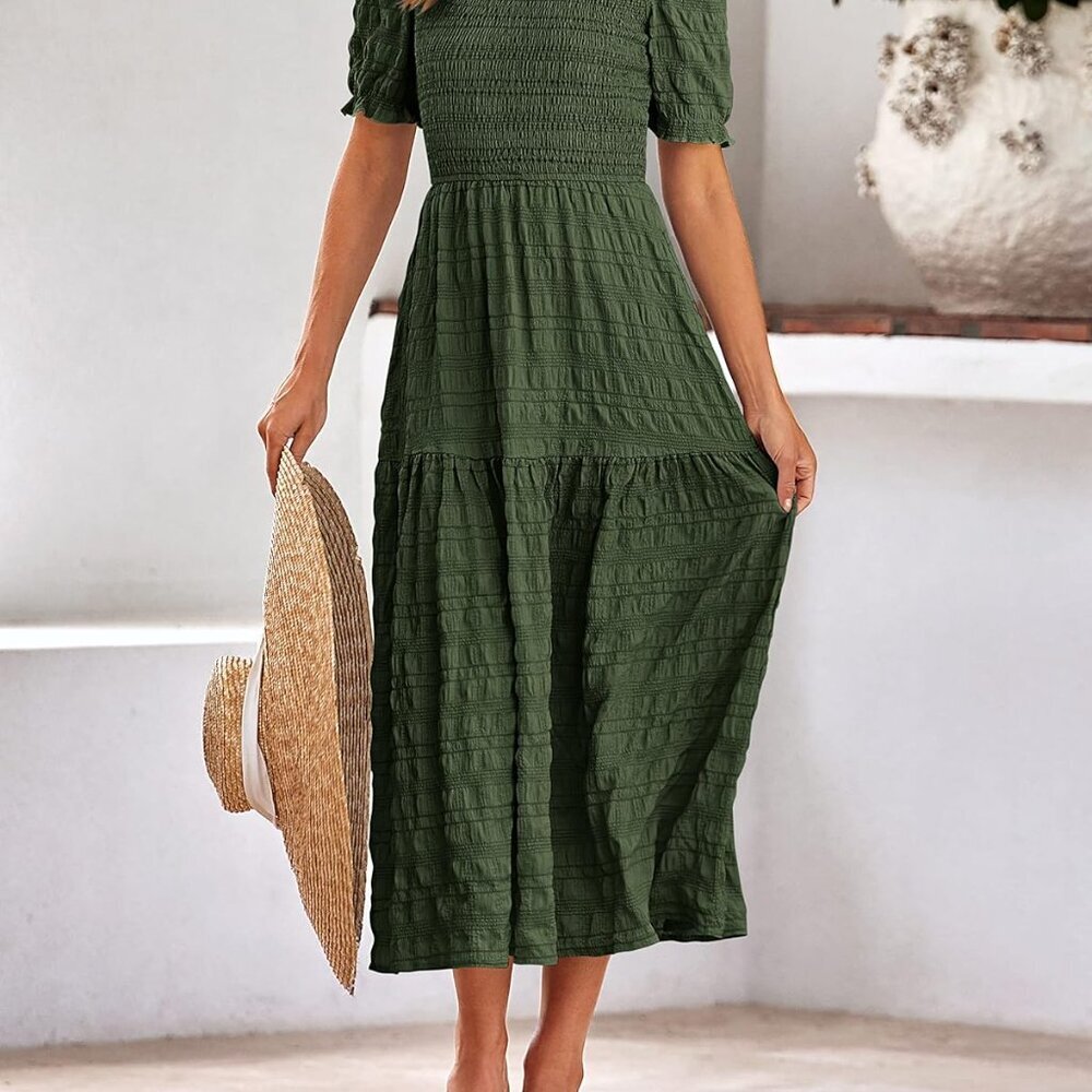 Womens Summer Dresses 2025 Casual Puff Short Sleeve Crewneck Smocked Flowy Ruffl - Picture 7 of 7